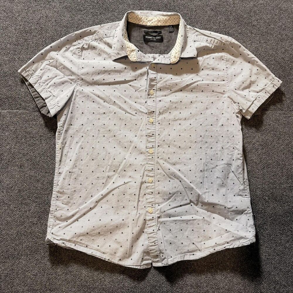 Kenneth Cole New York Shirt Mens Large White Polka Dot Short Sleeve Button Up